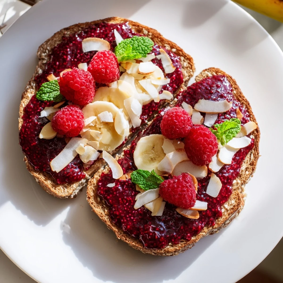 Enjoy the visually stunning, textured raspberry chia jam toast, perfect for a healthy and delicious snack.