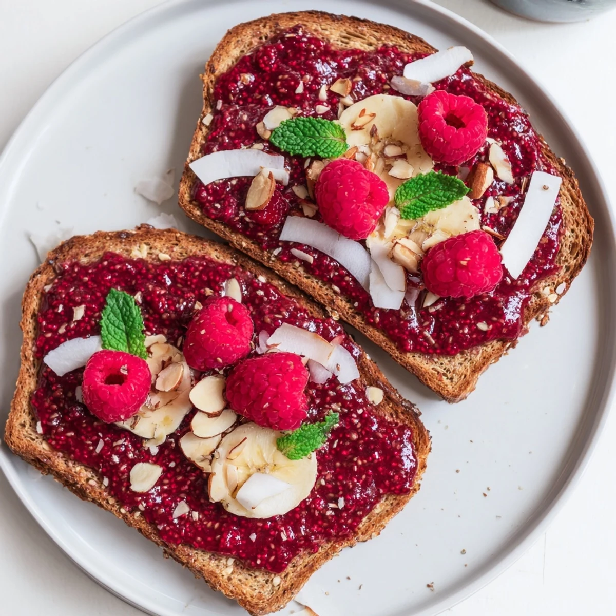 Homemade, glistening raspberry chia jam spooned onto toasted bread, ready to savor for a quick treat.