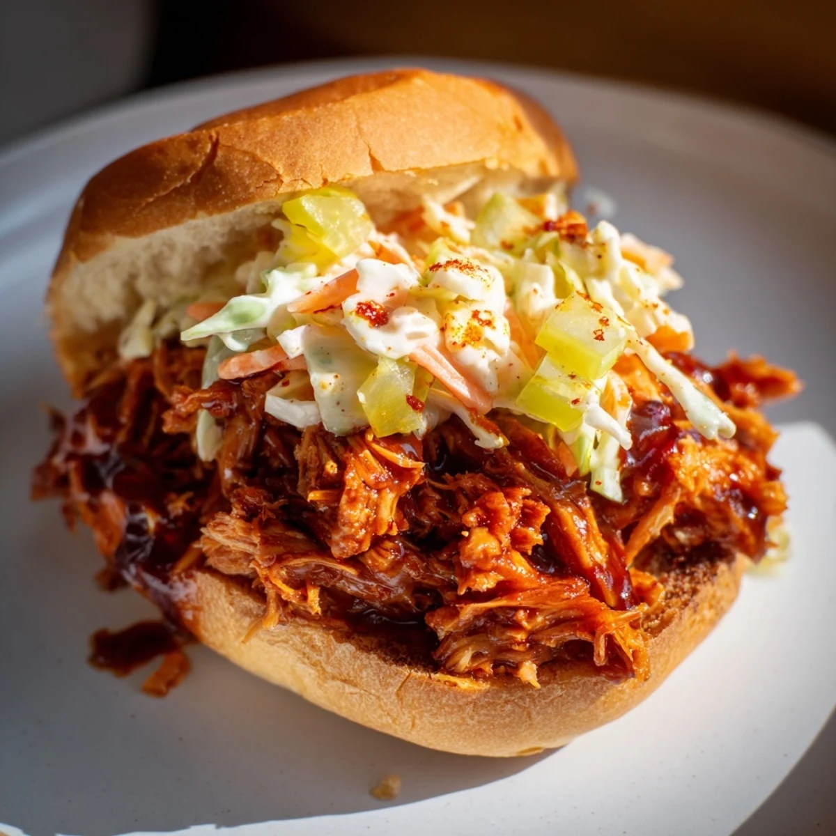 A close-up of delicious BBQ jackfruit sliders, the juicy filling over creamy coleslaw, a vegan delight.