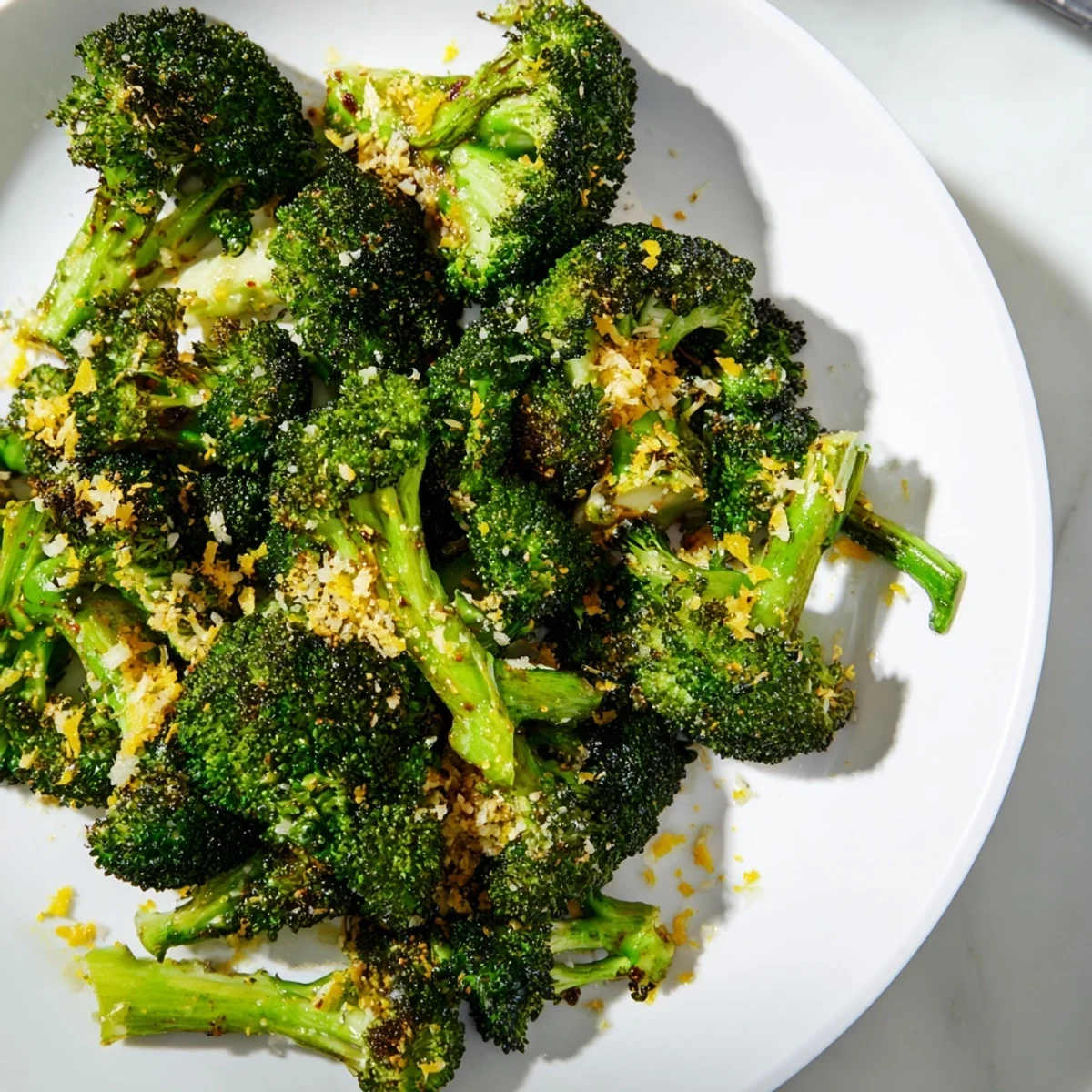 Crispy Lemon Garlic Roasted Broccoli glistens, tossed with vibrant lemon zest and ready to serve.
