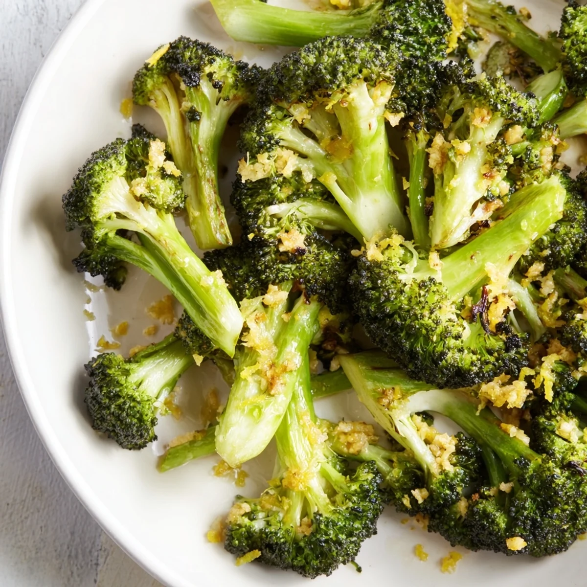 Golden-brown Lemon Garlic Roasted Broccoli offers a delightful aroma of garlic, soon to be drizzled with lemon.