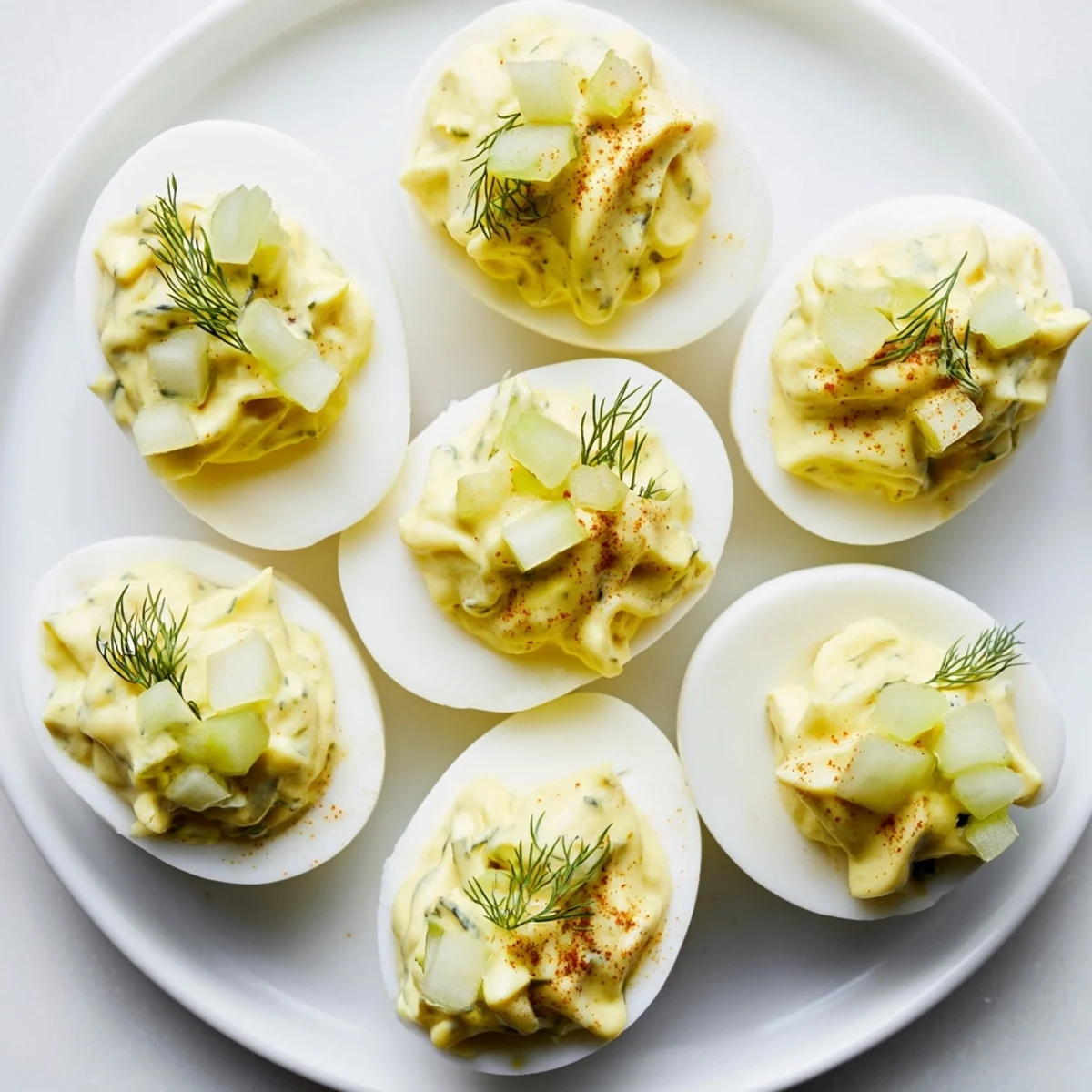 Bright yellow dill pickle deviled eggs, a classic American treat ready to be enjoyed.