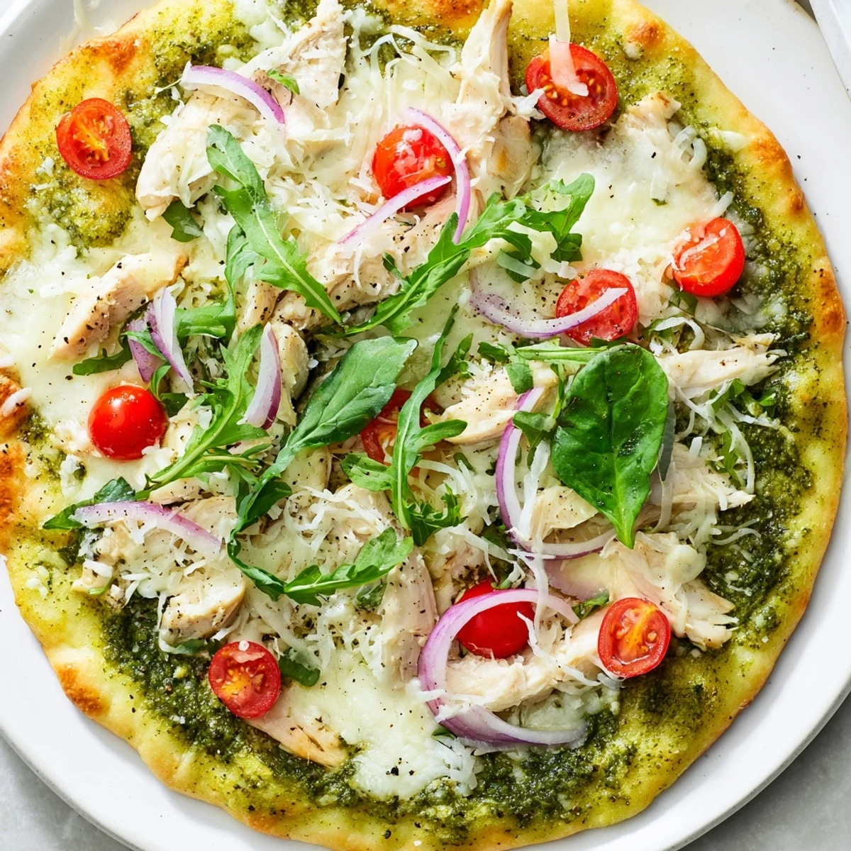 Golden, bubbly Pesto Chicken Flatbread with mozzarella, cherry tomatoes, and aromatic fresh basil garnish.