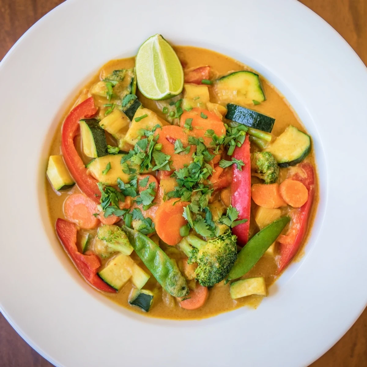 Fragrant, creamy Coconut Curry Vegetables simmering gently with colorful, tender vegetables in a pot.