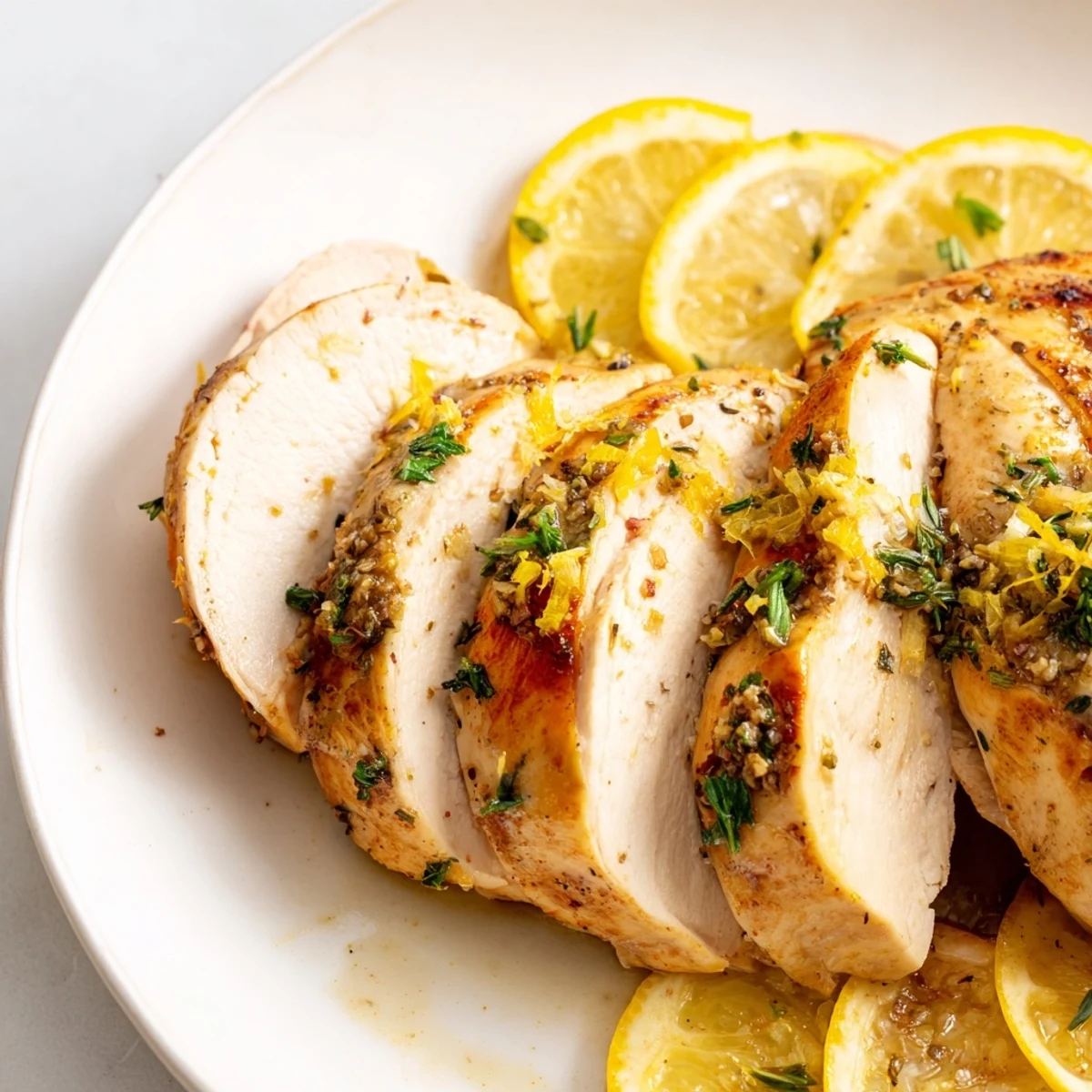 Close-up of fragrant Greek Lemon Herb Chicken, glistening with olive oil and fresh lemon juice.