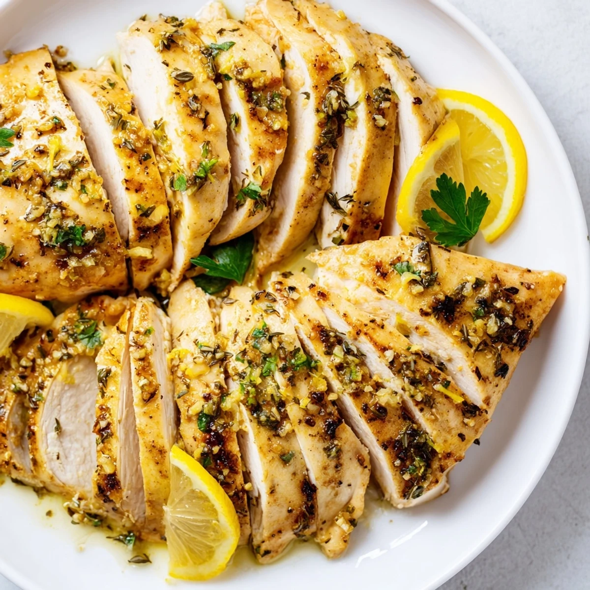 Succulent Greek Lemon Herb Chicken ready to serve, decorated with lemon wedges and fresh parsley.