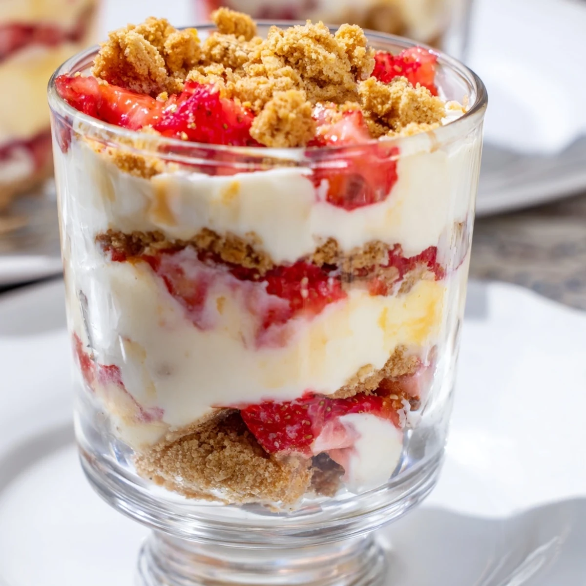 Strawberry Cheesecake Parfait layered in clear cups, showcasing creamy layers of dessert delight.