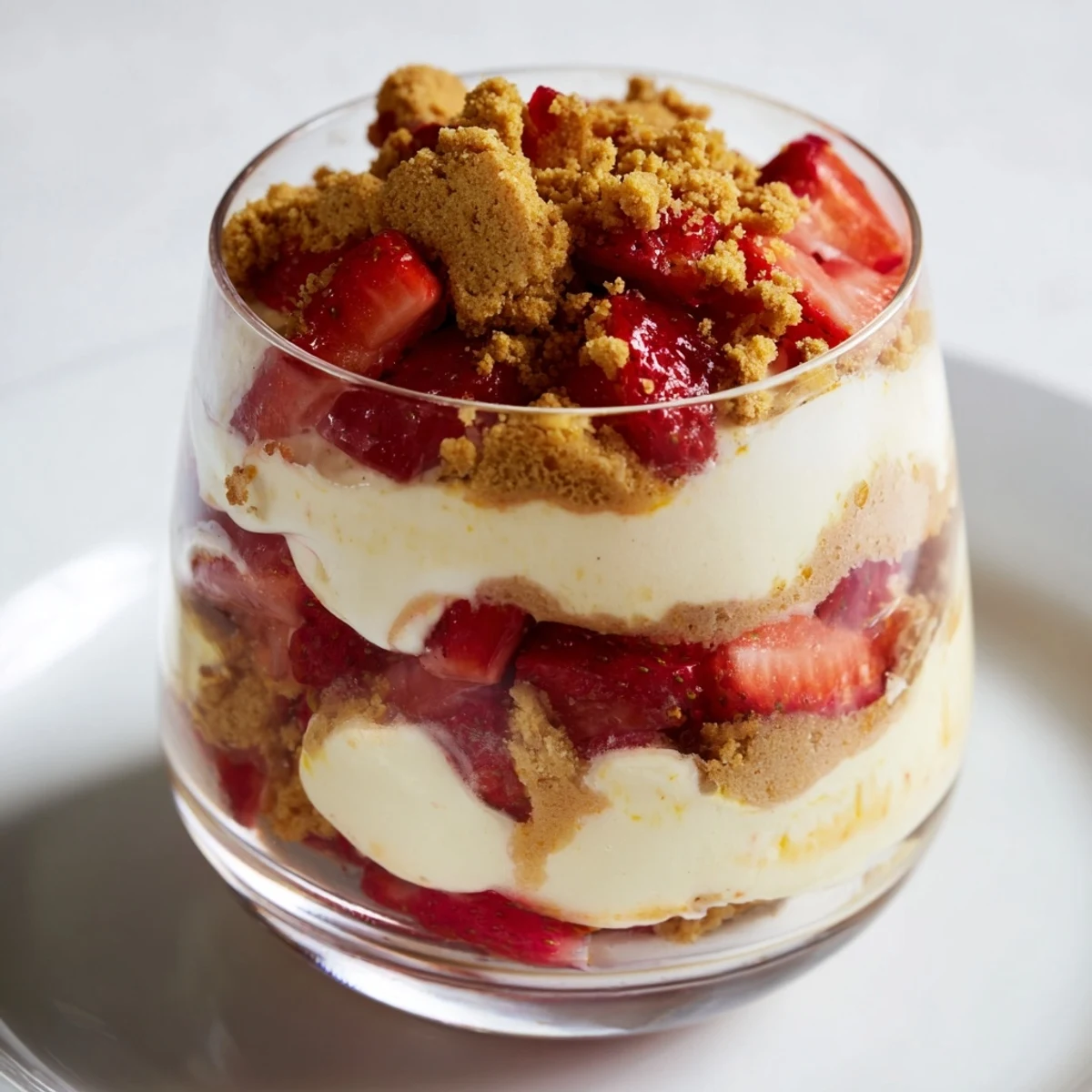 Close-up of a refreshing Strawberry Cheesecake Parfait, perfect for a no-bake dessert, ready to enjoy.