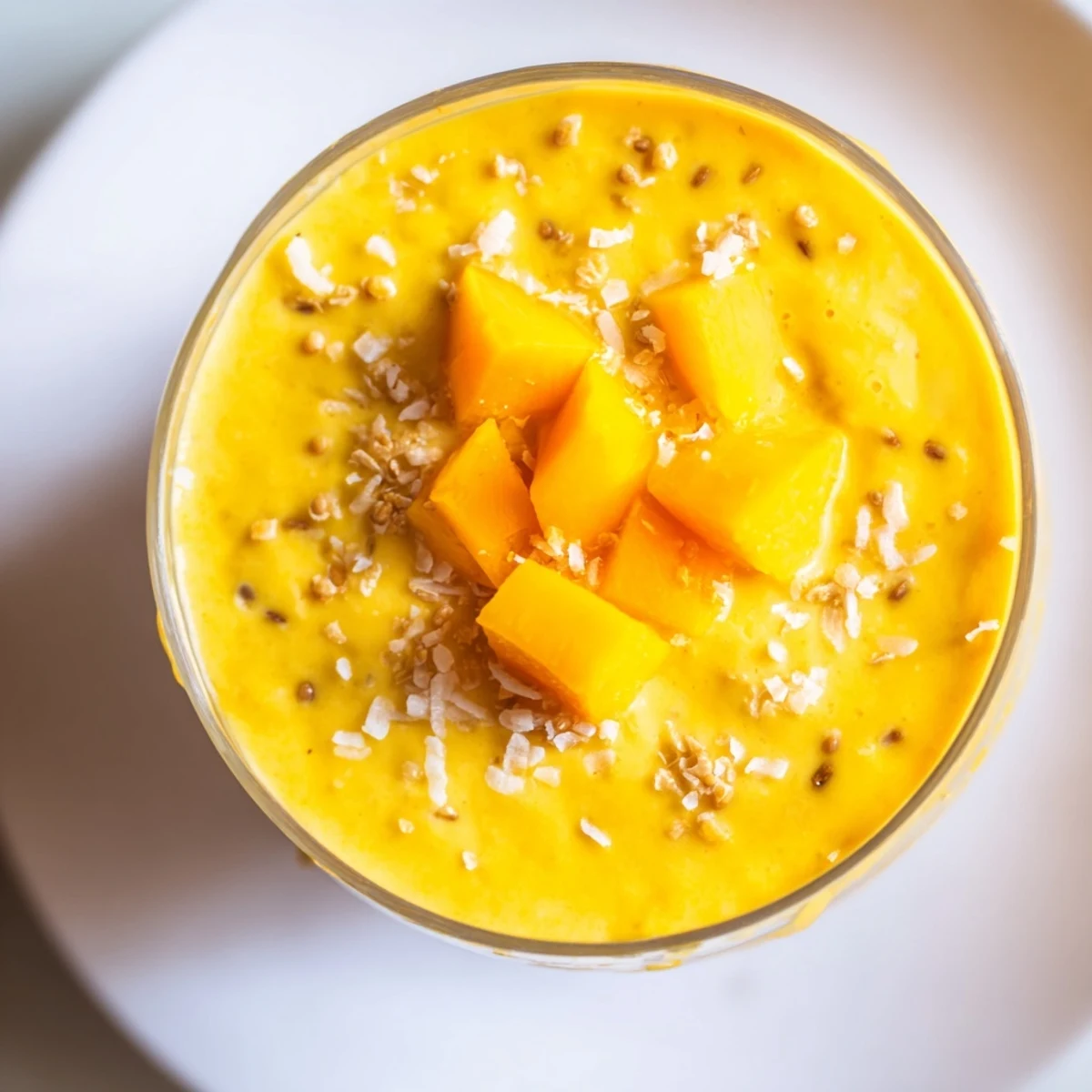 Freshly blended Mango Turmeric Smoothie, bursting with color, perfect for a refreshing vegan breakfast or snack.