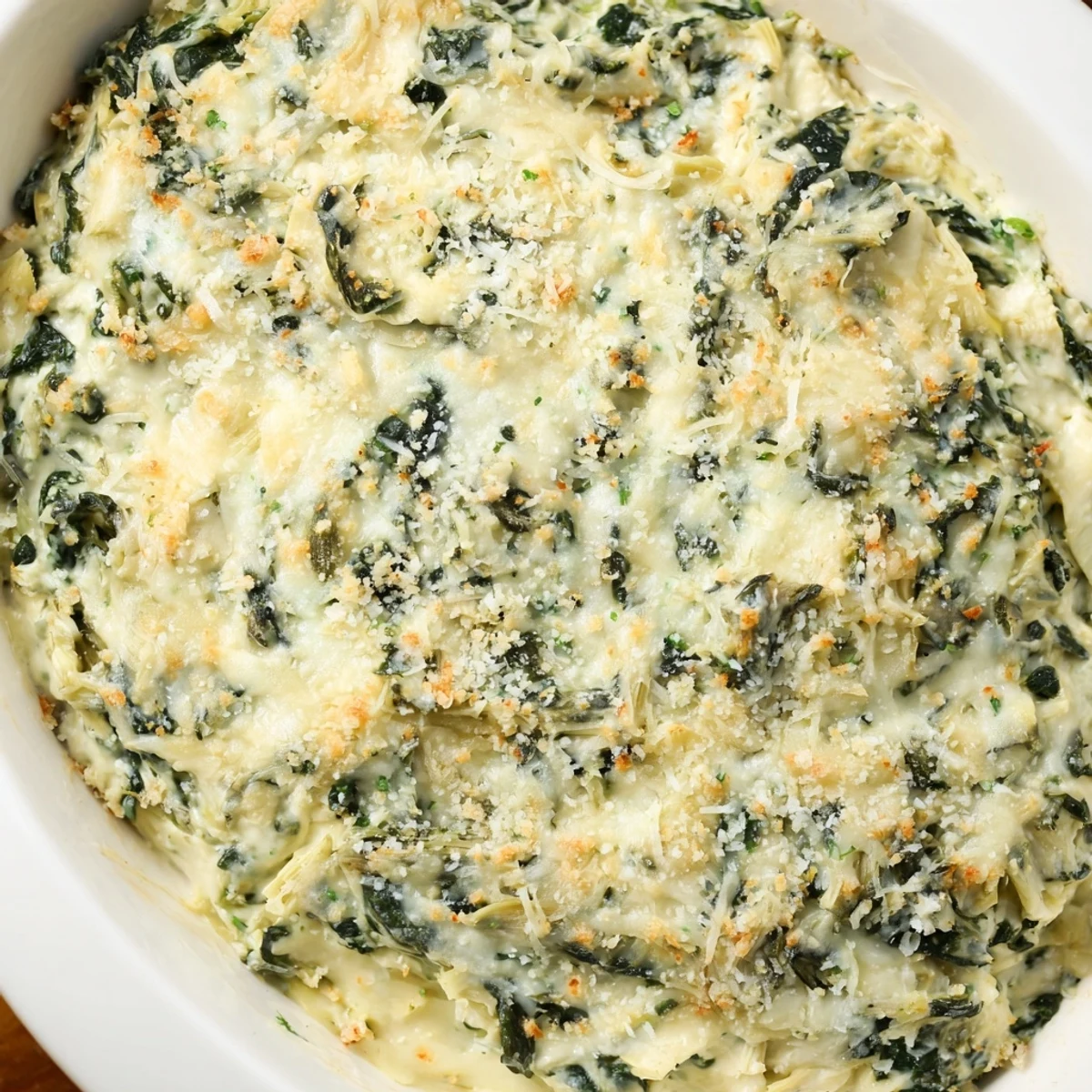 Warm and bubbling cheesy spinach artichoke dip, perfect for dipping tortilla chips at a party.