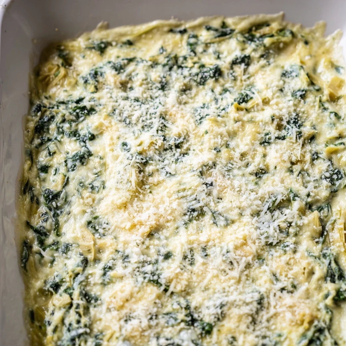 A close-up of creamy cheesy spinach artichoke dip, golden brown and ready to serve with crackers.