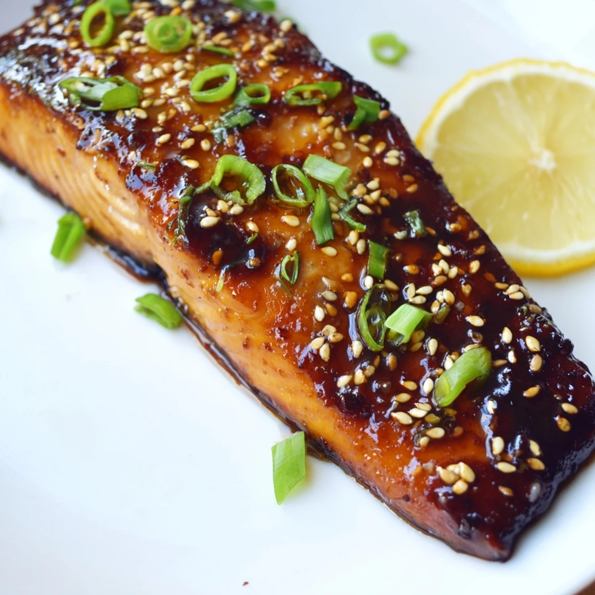 Golden-brown Ginger Soy Glazed Salmon glistening with a sweet, savory sauce, ready to serve.