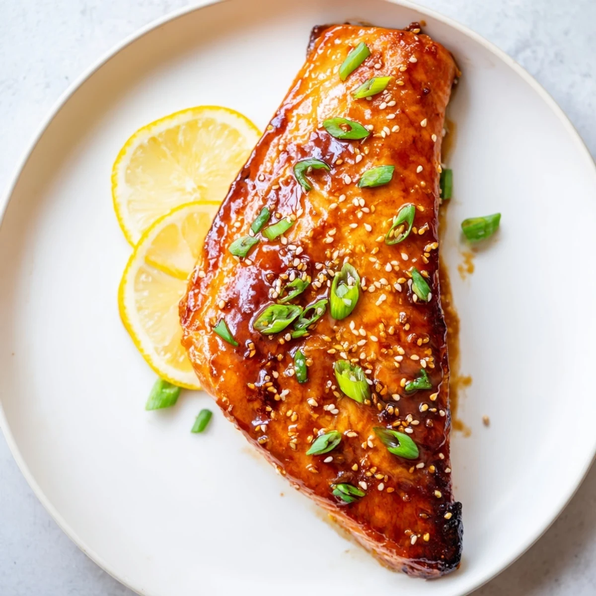 Skin-on salmon fillets, expertly pan-seared and coated in a flavorful ginger soy glaze, inviting aroma.
