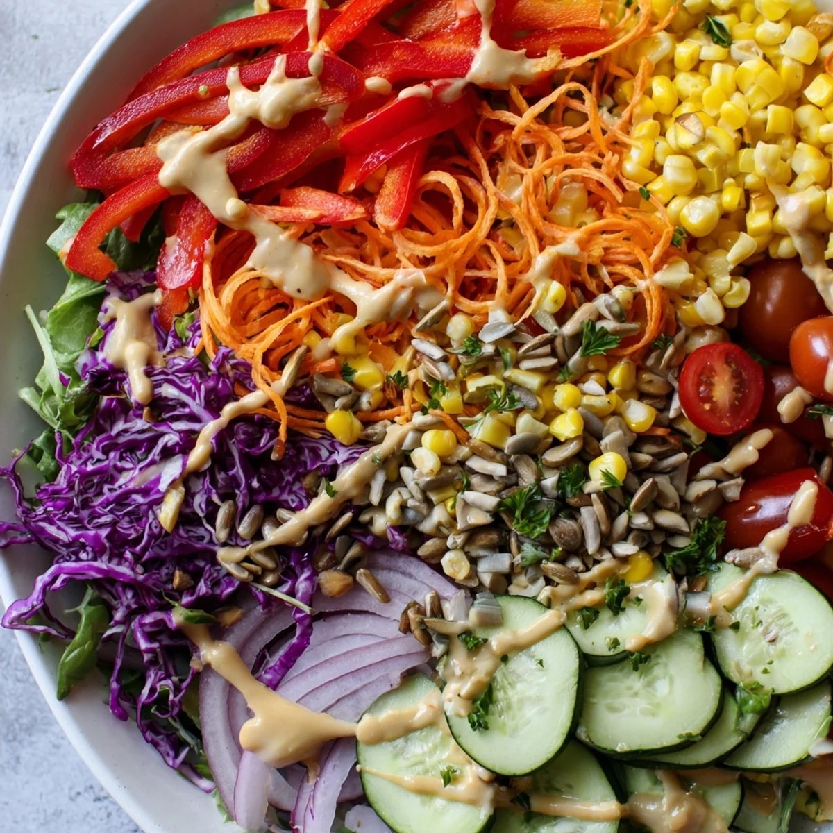 Fresh, bright rainbow salad featuring crisp, colorful veggies, tossed in a tangy dressing.
