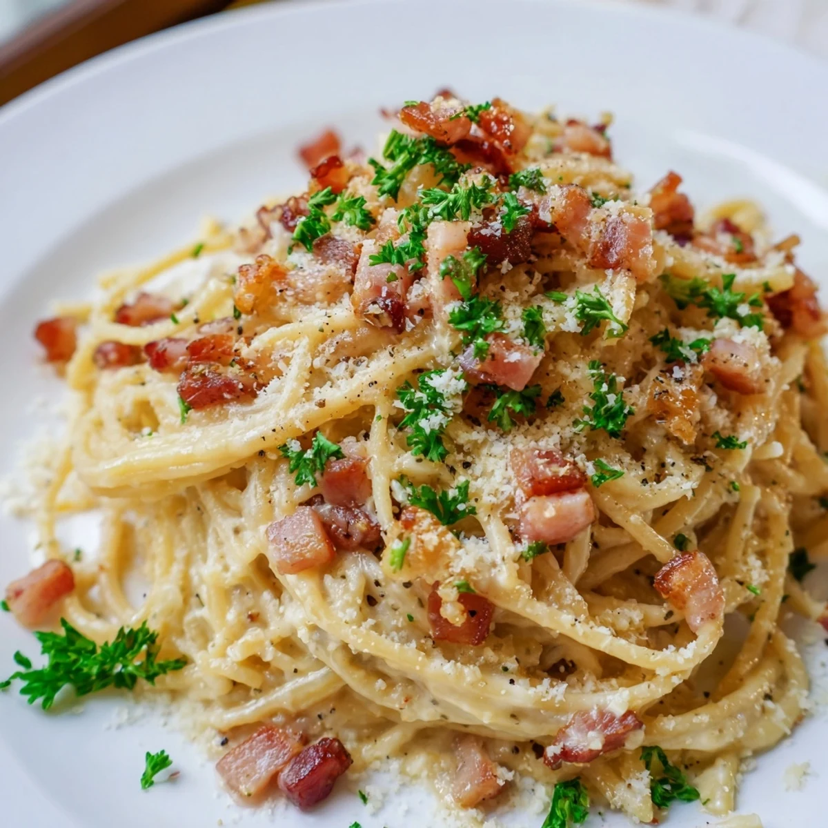 Creamy garlic bacon pasta, a comforting bowl with golden bacon and creamy white sauce.