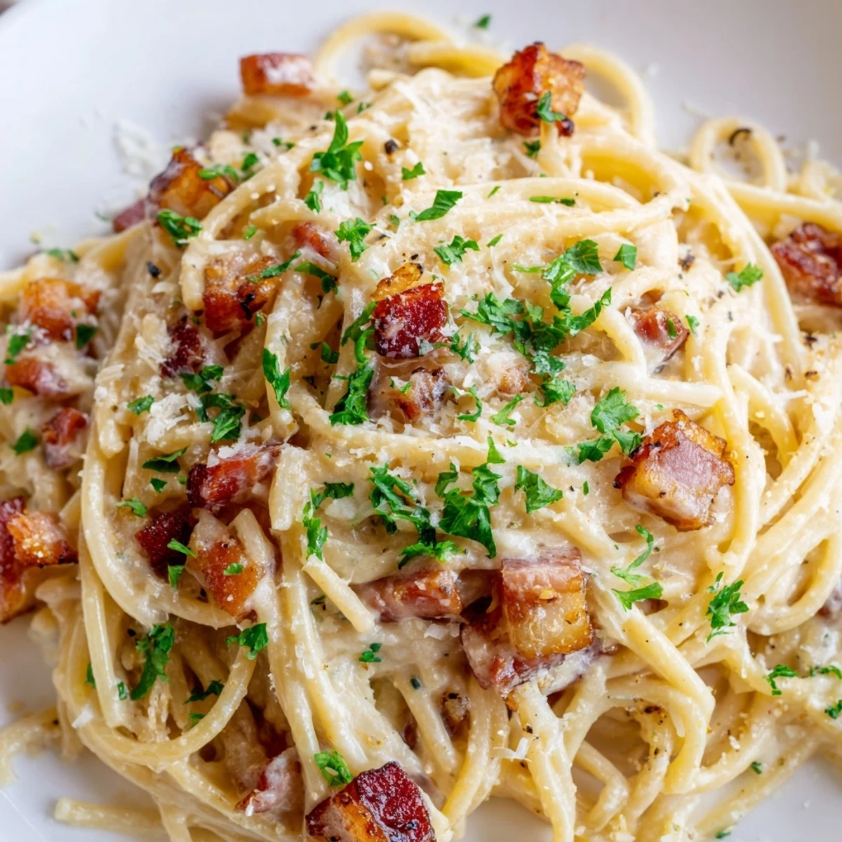 Homemade creamy garlic bacon pasta ready to serve with fresh parsley and extra Parmesan cheese.