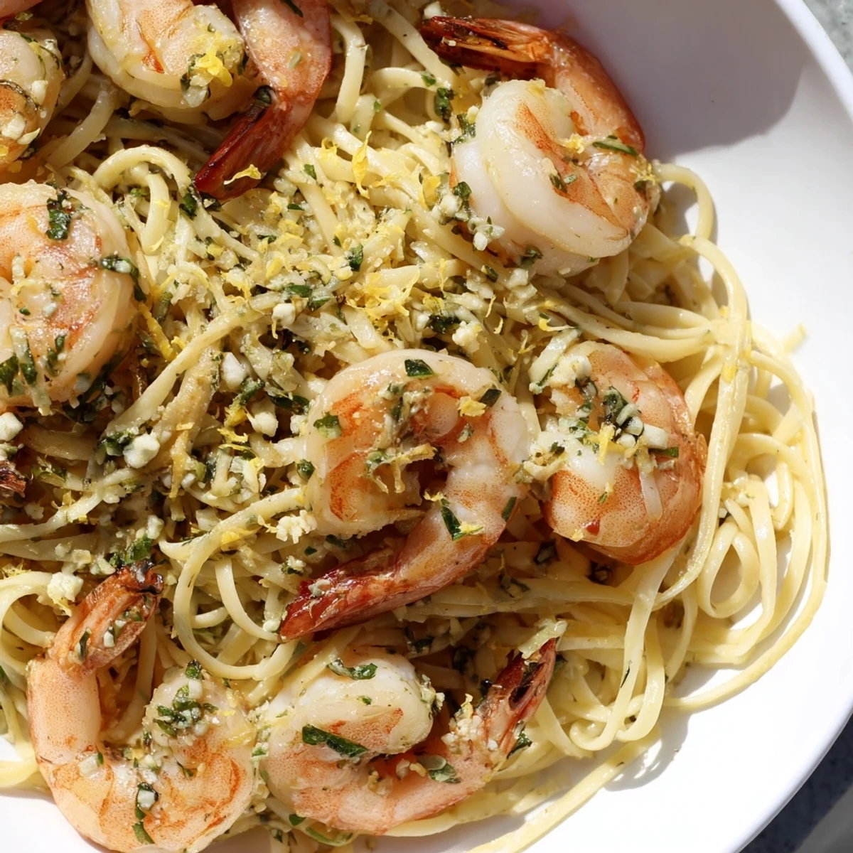 Steaming bowl of Lemon Herb Pasta with Shrimp, garnished with fresh herbs and lemon wedges.