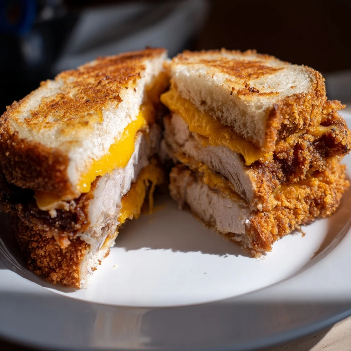A close-up of a perfectly grilled Crispy Panko Pork Chop Grilled Cheese with a delicious aroma.