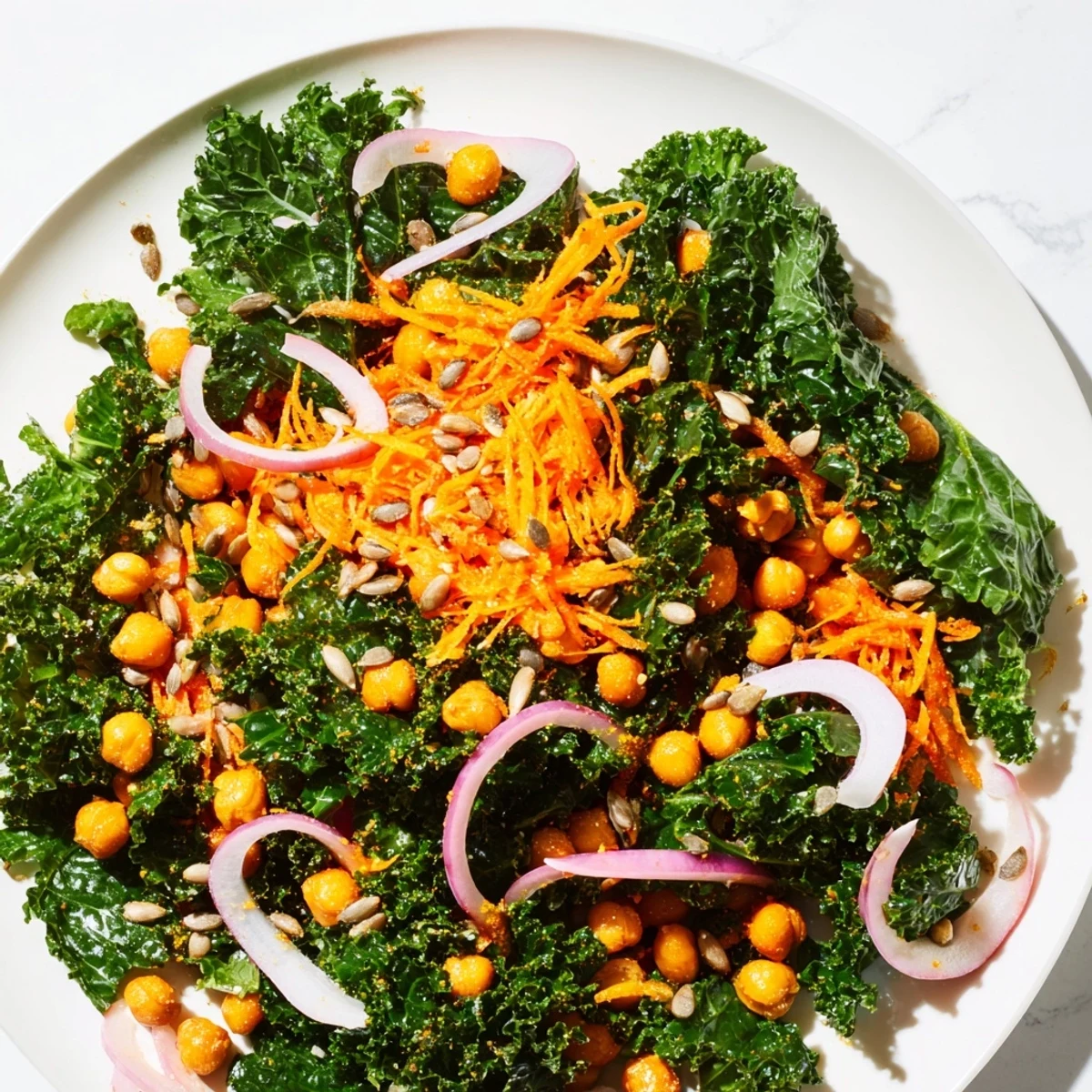 Vibrant kale salad with crispy roasted chickpeas, tossed and ready to eat with a tangy dressing.