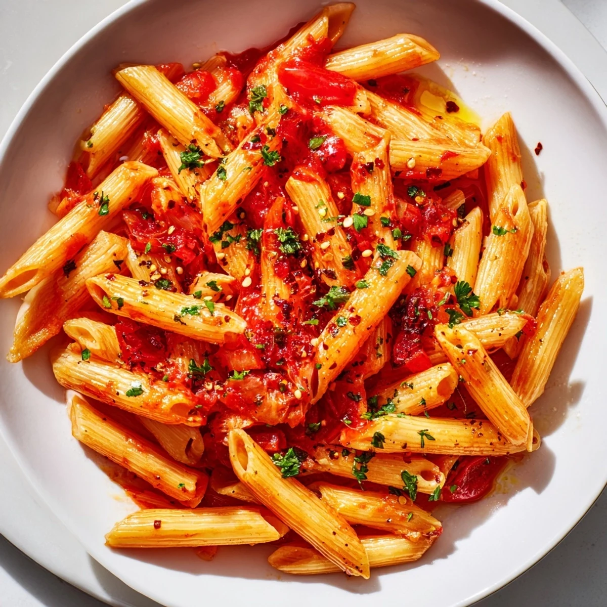 Steaming hot Penne all'Arrabbiata pasta, coated in a vibrant, spicy tomato sauce ready to serve.