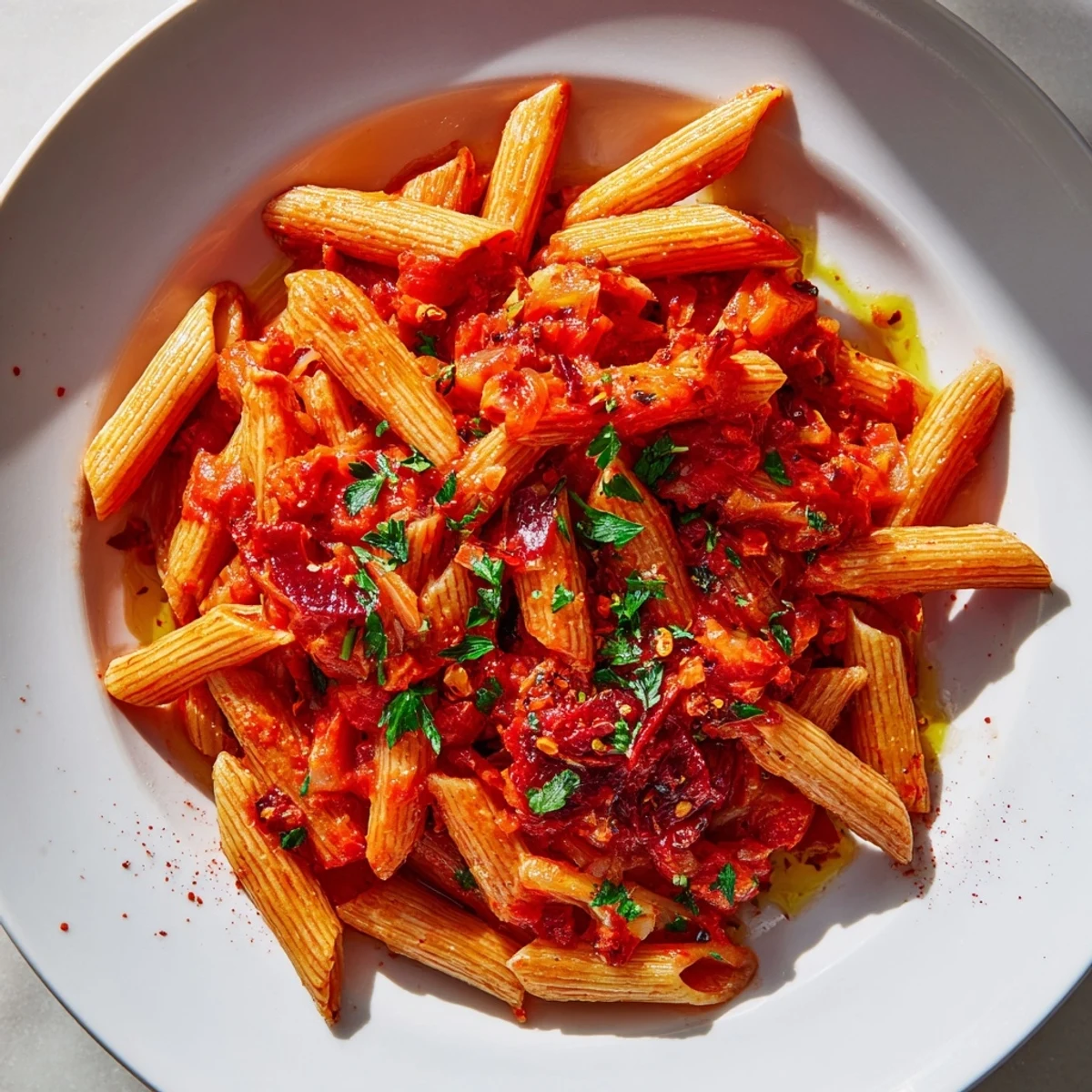 Tender penne pasta in a rich, fiery Penne all'Arrabbiata sauce, garnished with fresh parsley.