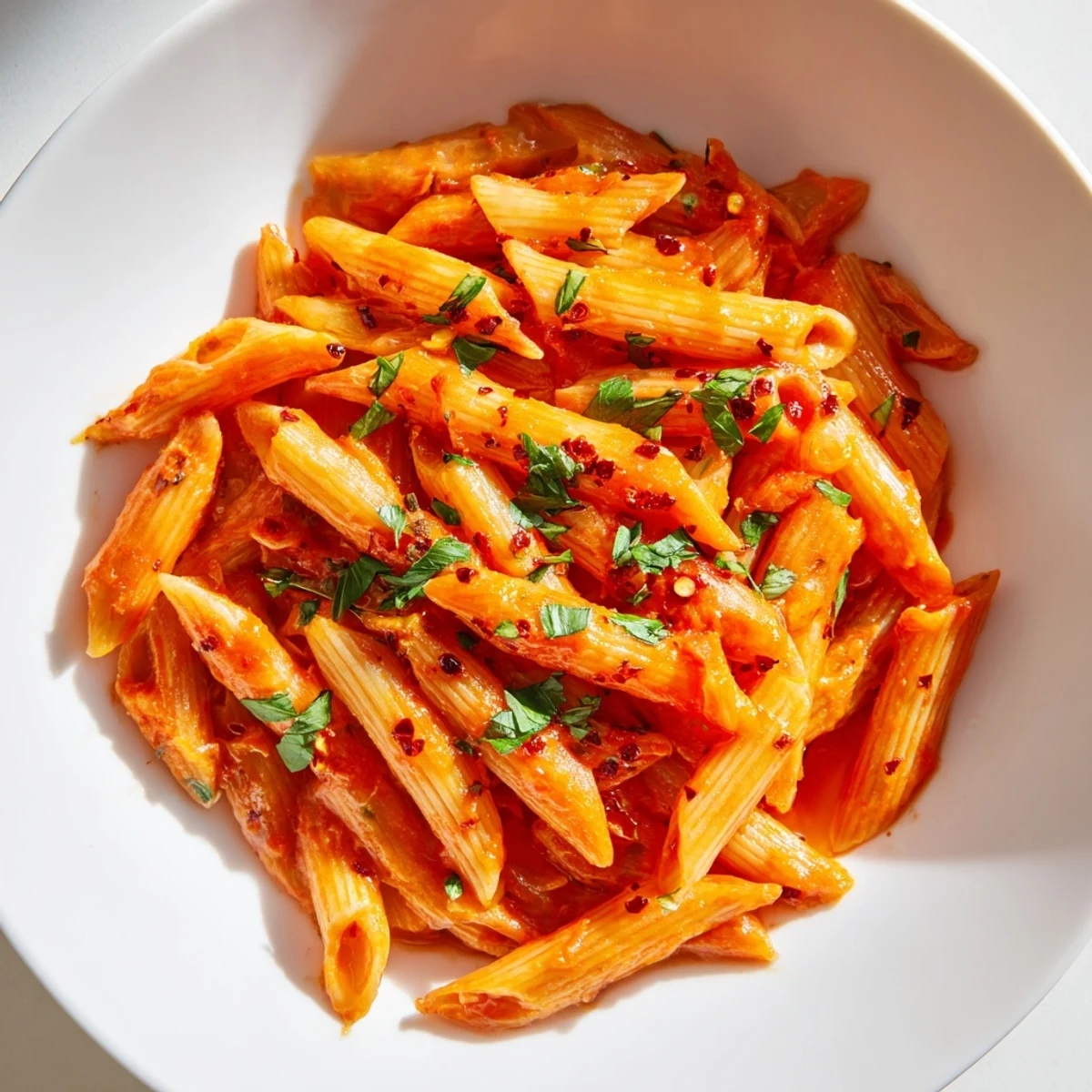 Close-up of a flavorful bowl of Penne all'Arrabbiata, showcasing the chili flakes and garlic.
