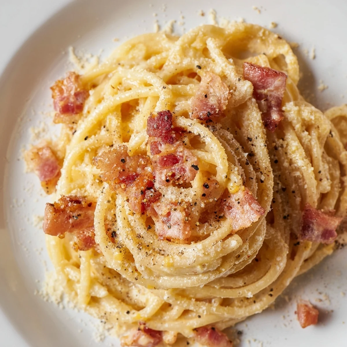 Quick and easy Express Spaghetti Carbonara: a one-pan wonder served steaming and ready for a bite.