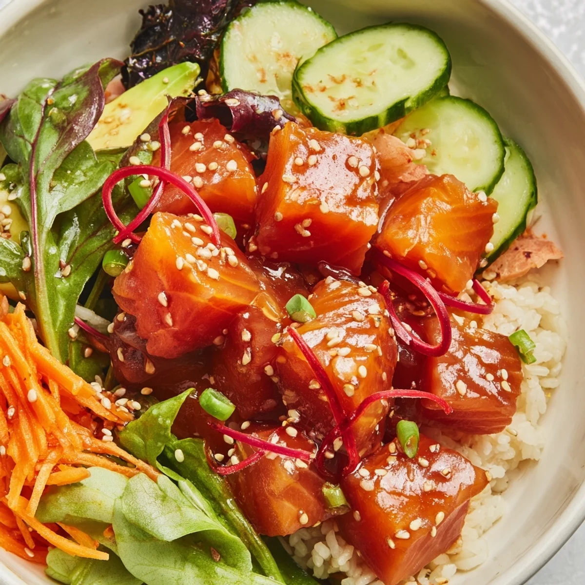 Fresh, colorful Poke Bowl Salad with glistening salmon, vegetables, and a flavorful soy-ginger dressing.