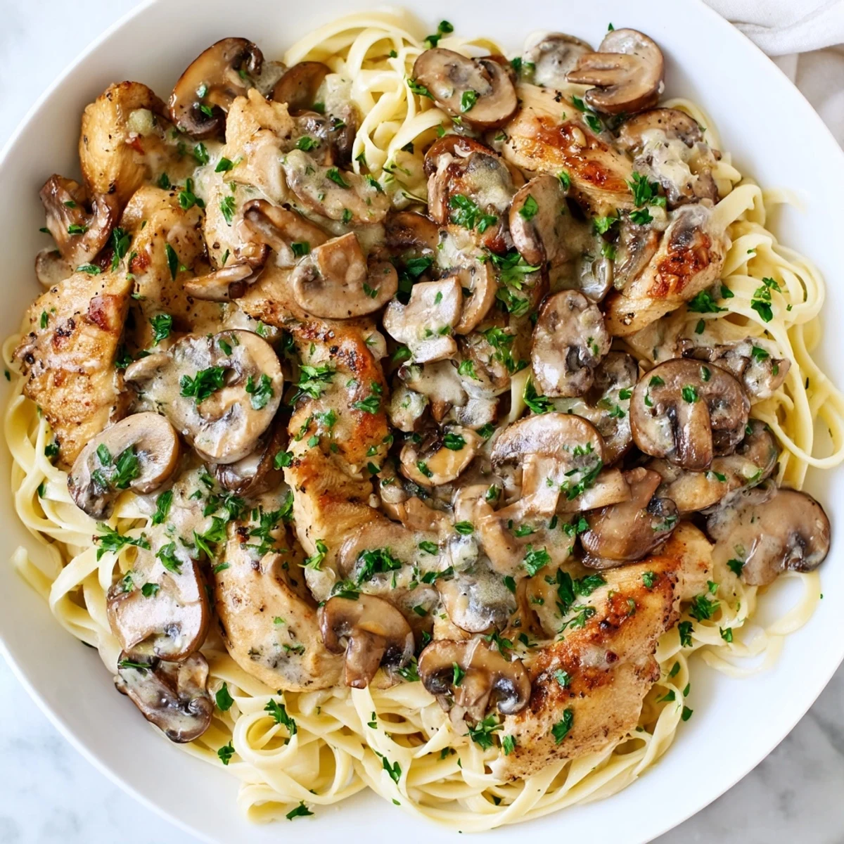 Savor the aroma of this Creamy Mushroom Chicken Pasta: perfectly cooked pasta swirled with savory chicken and mushrooms.