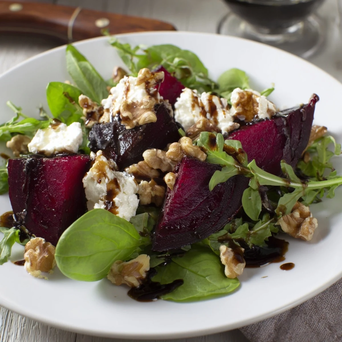 Vibrant Beet and Goat Cheese Salad displays roasted beet pieces with crumbly goat cheese and walnuts.