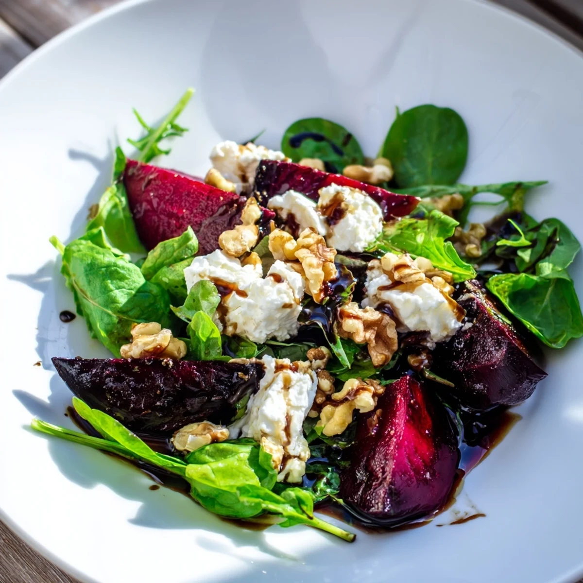 A close-up of the delicious Beet and Goat Cheese Salad, showcasing creamy cheese and sweet beets.