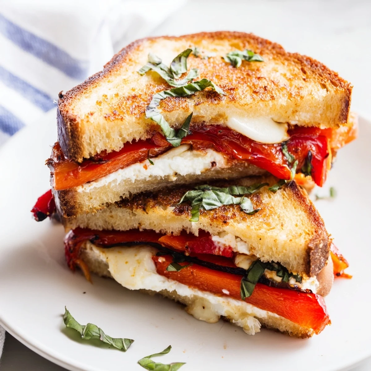 A close-up of a crispy Roasted Red Pepper Grilled Cheese, showing the perfectly grilled bread.