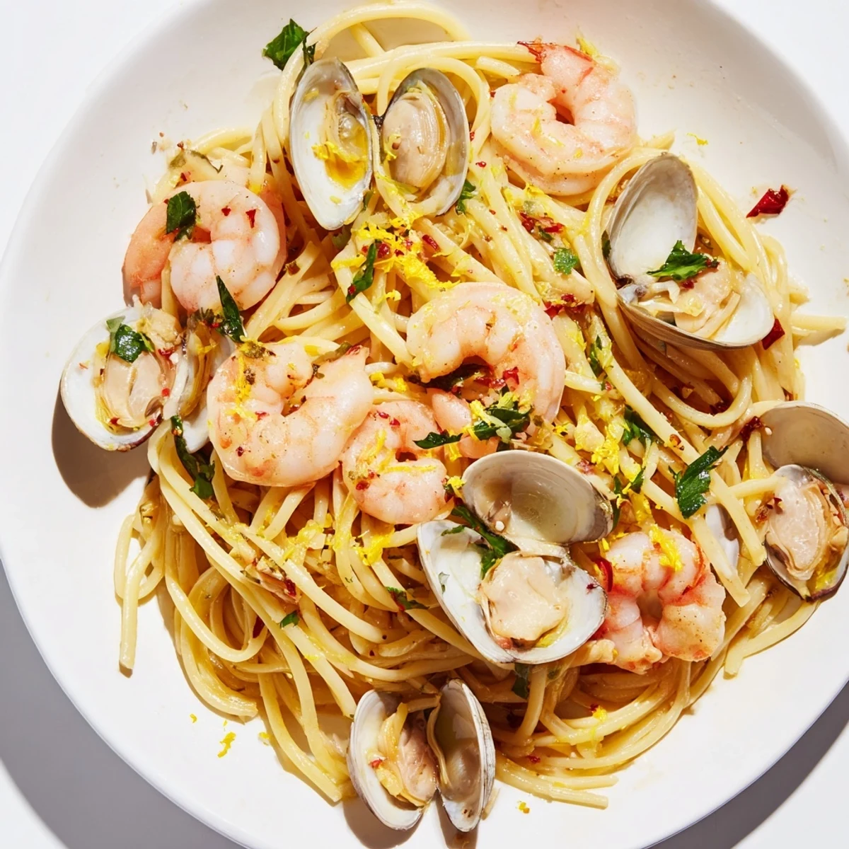 Steaming Seafood Pasta Aglio e Olio with shrimp and clams, ready to serve with fresh parsley and lemon.
