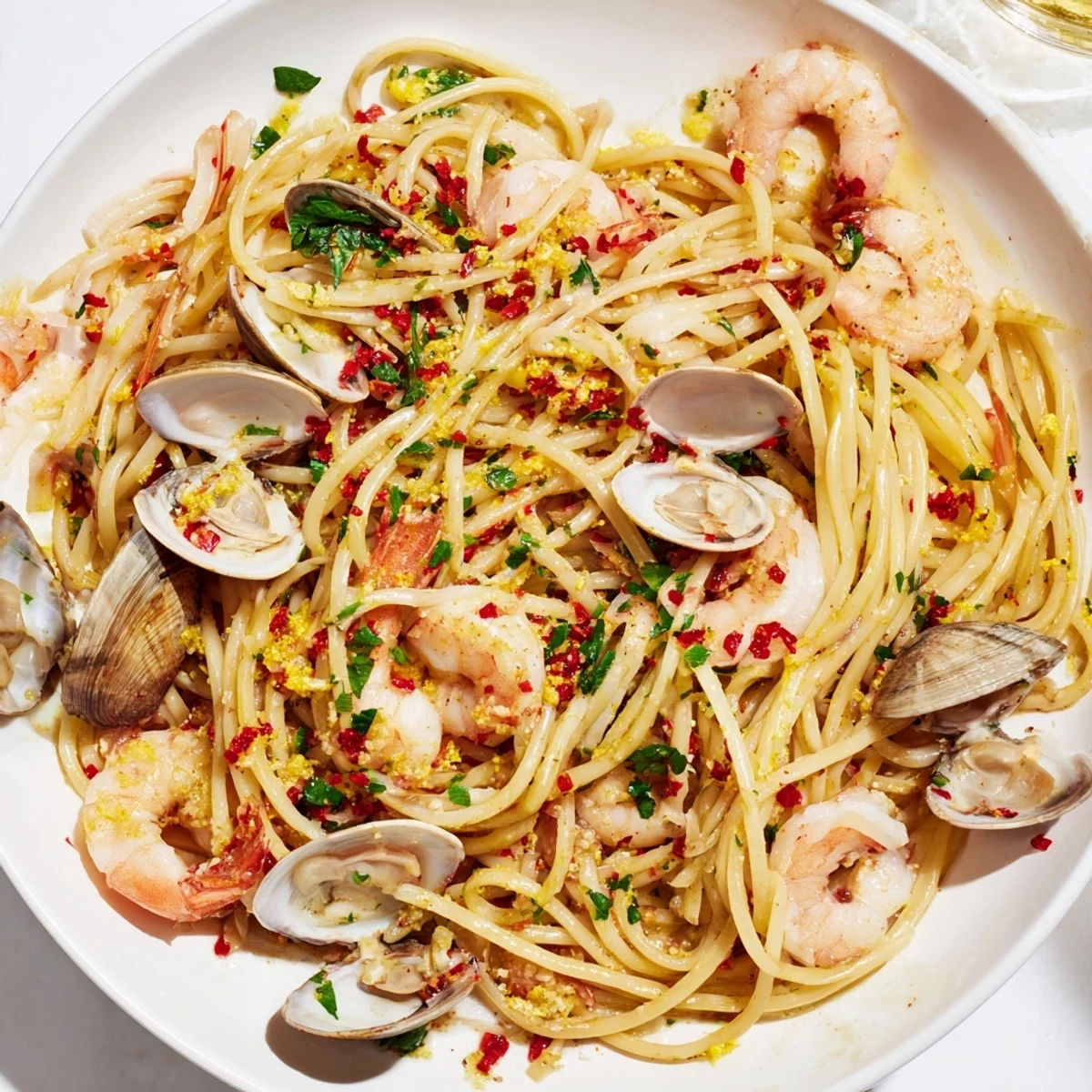 A close-up view of the delicious Seafood Pasta Aglio e Olio with shrimp, perfect for dinner tonight.