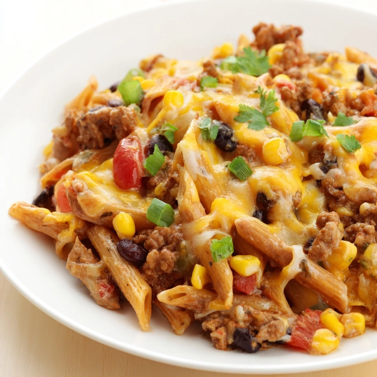 A close-up view of creamy cheesy taco pasta, showing the tender pasta and seasoned beef mixture.