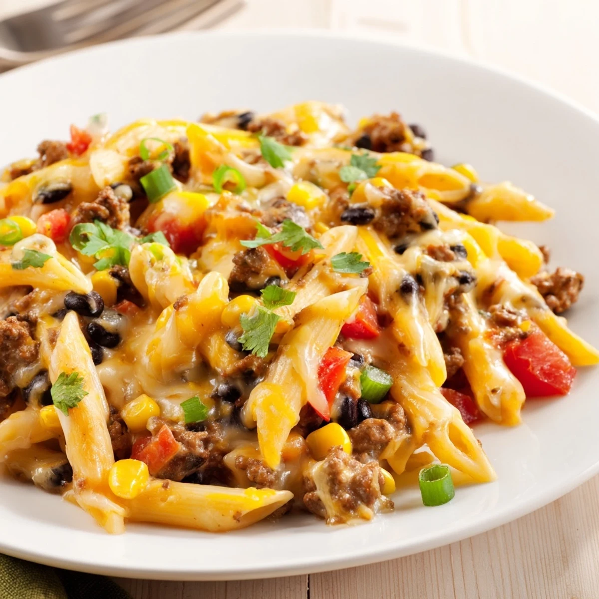 Steaming bowl of cheesy taco pasta, loaded with melted cheese and fresh herbs, ready to serve.