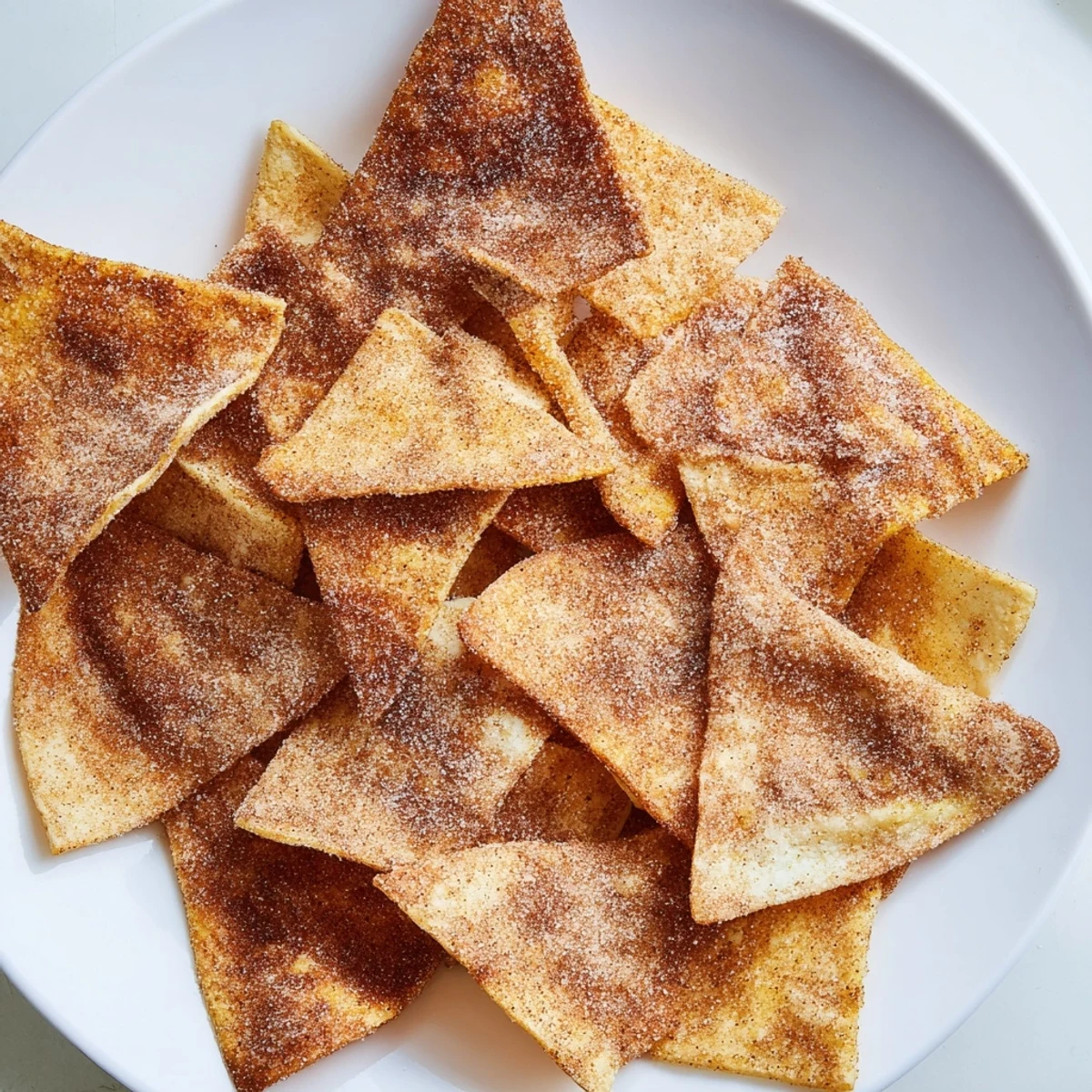 Warm and golden cinnamon sugar tortilla chips, a simple dessert snack with irresistible crunch.