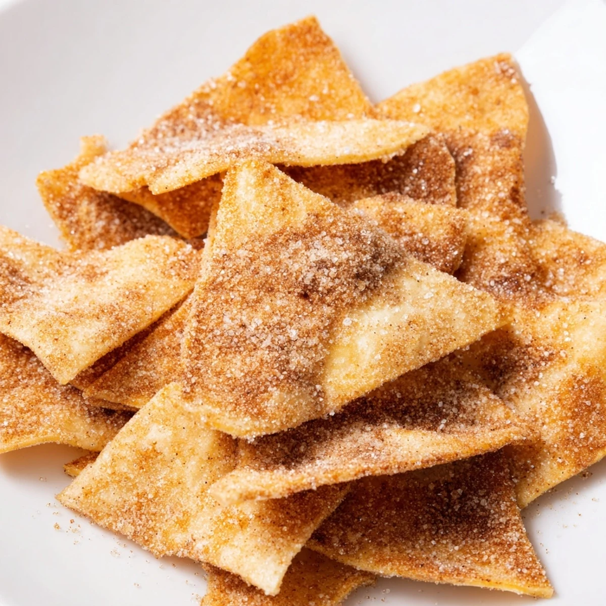 Freshly made cinnamon sugar tortilla chips, arranged on a plate, ready to be dipped and enjoyed.