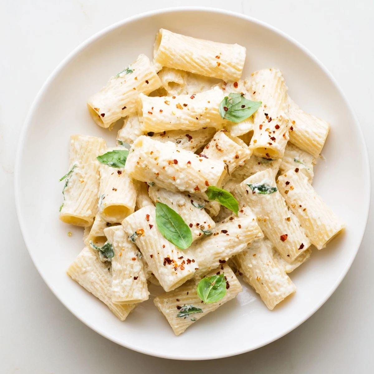 Steaming bowl of creamy cottage cheese pasta, topped with fresh basil and Parmesan, is ready.