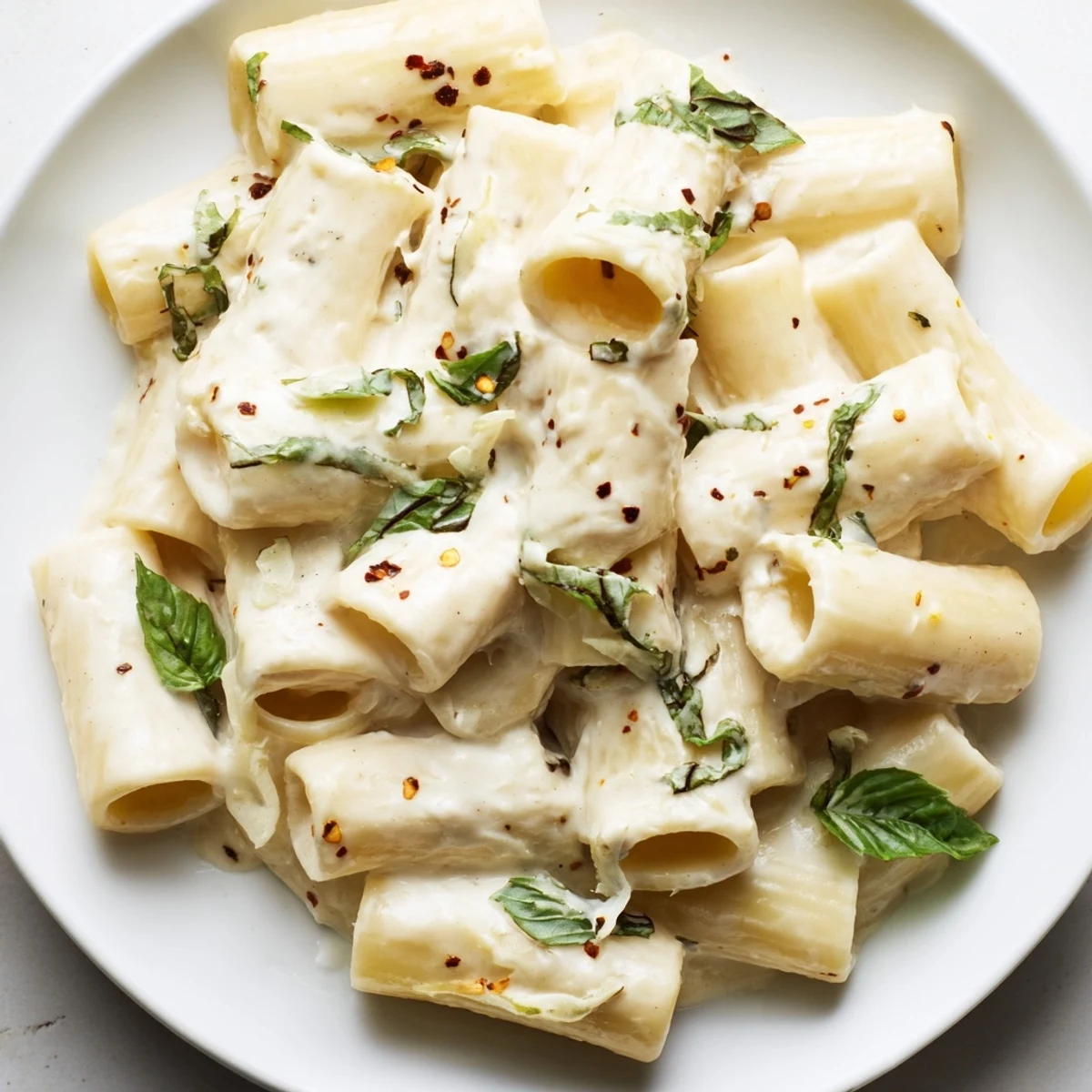 A close-up of creamy cottage cheese pasta, showing the silky texture and savory sauce's creamy color.
