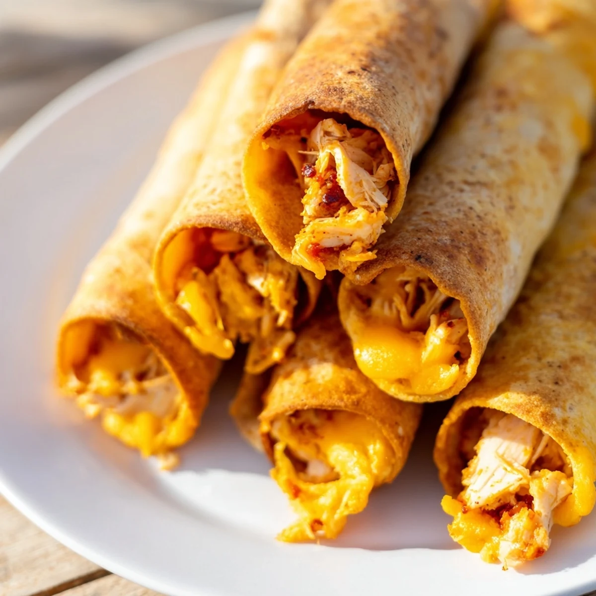Homemade air fryer taquitos, filled with flavorful shredded chicken, perfectly air-fried for a satisfying crunch.