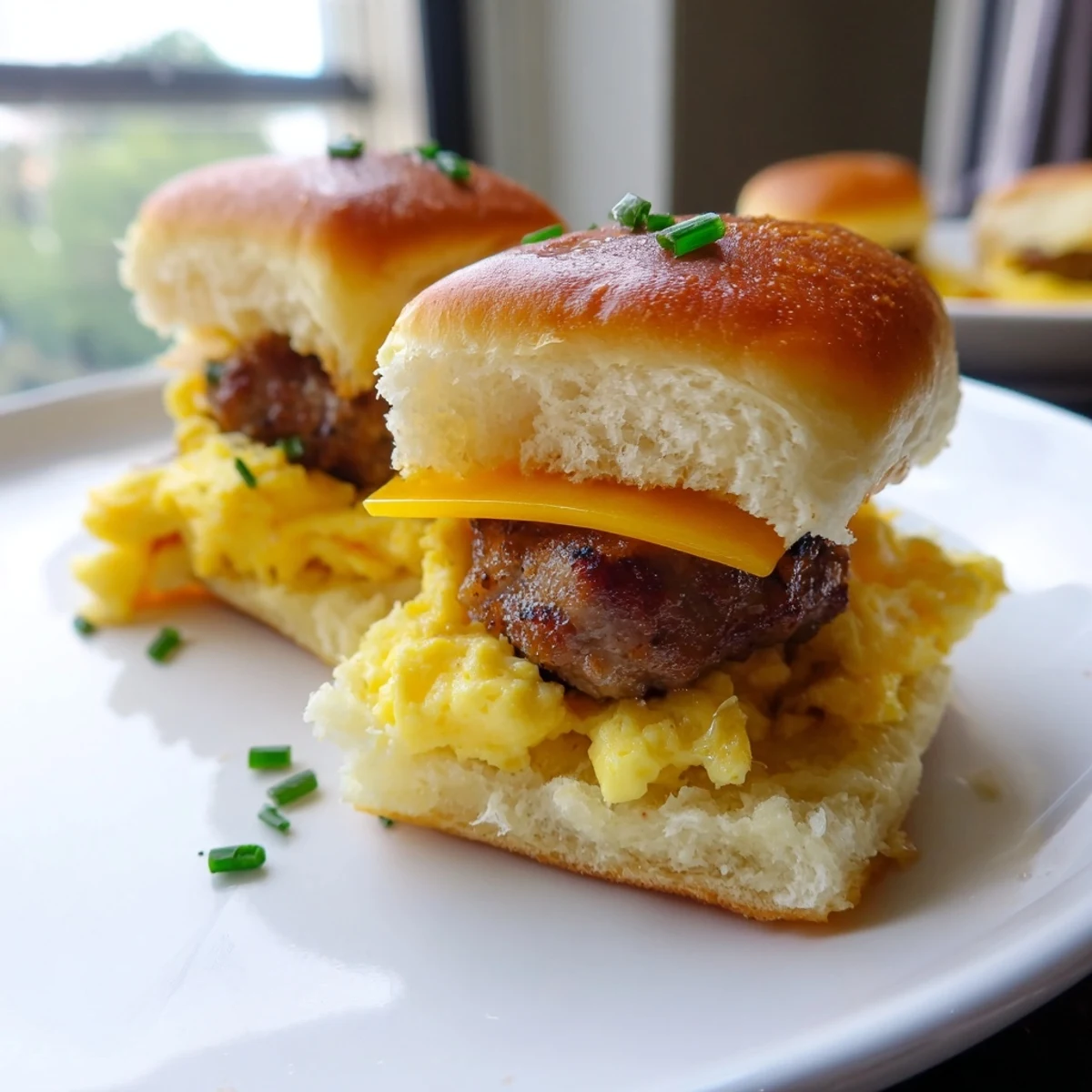 Golden-brown Mini Breakfast Sliders filled with eggs, cheese, and sausage, ready to be enjoyed.