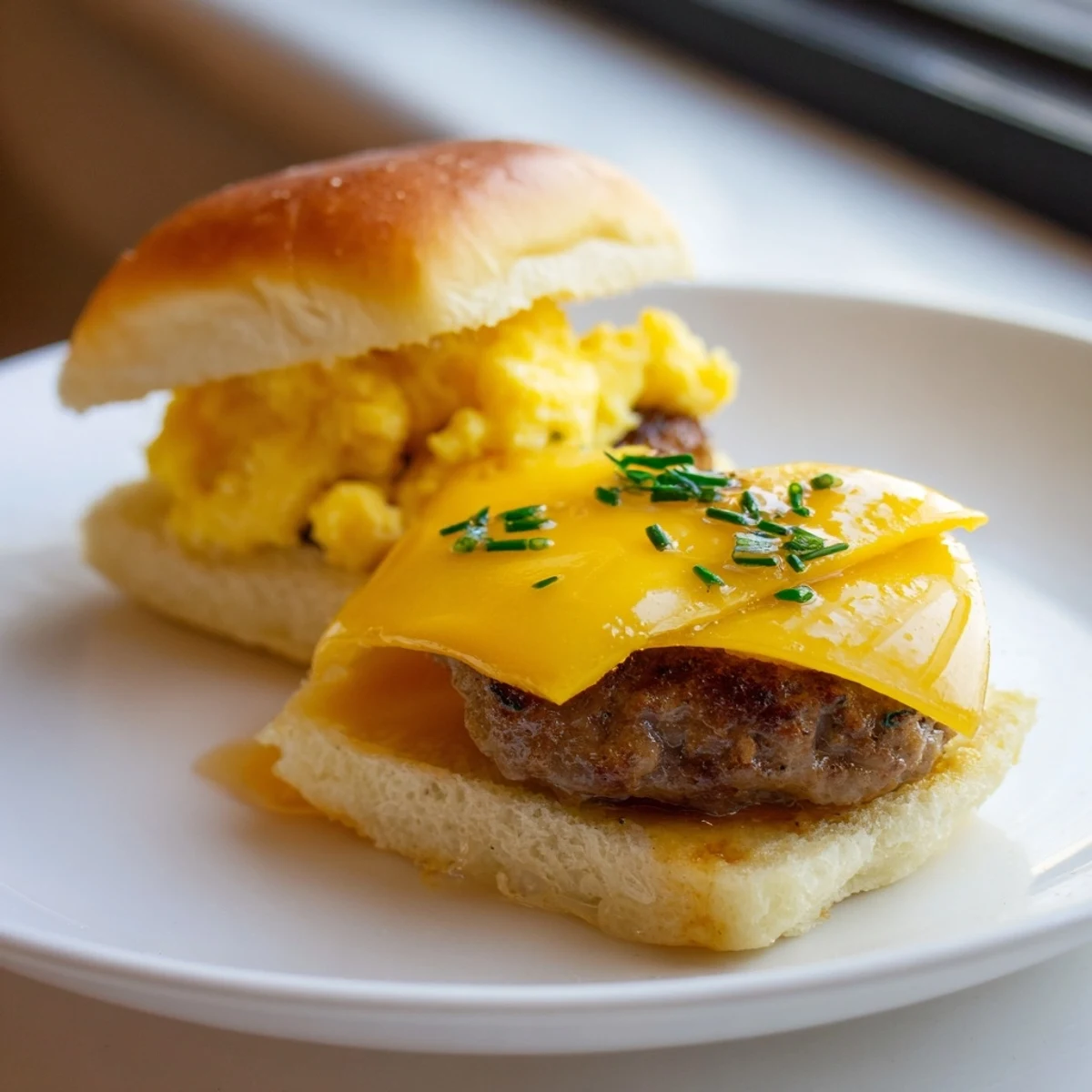 Melted cheese spills over the edges of these delicious Mini Breakfast Sliders, perfect for a brunch spread.