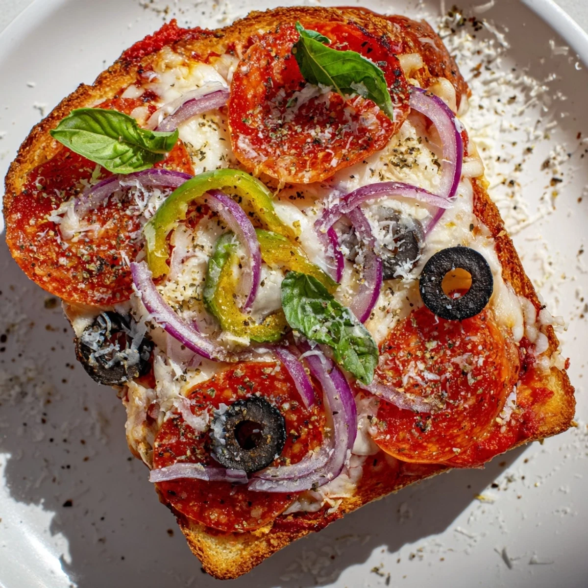 Golden, bubbly Pizza Toast 2.0 with melted cheese, pepperoni, and fresh basil, a delicious snack.