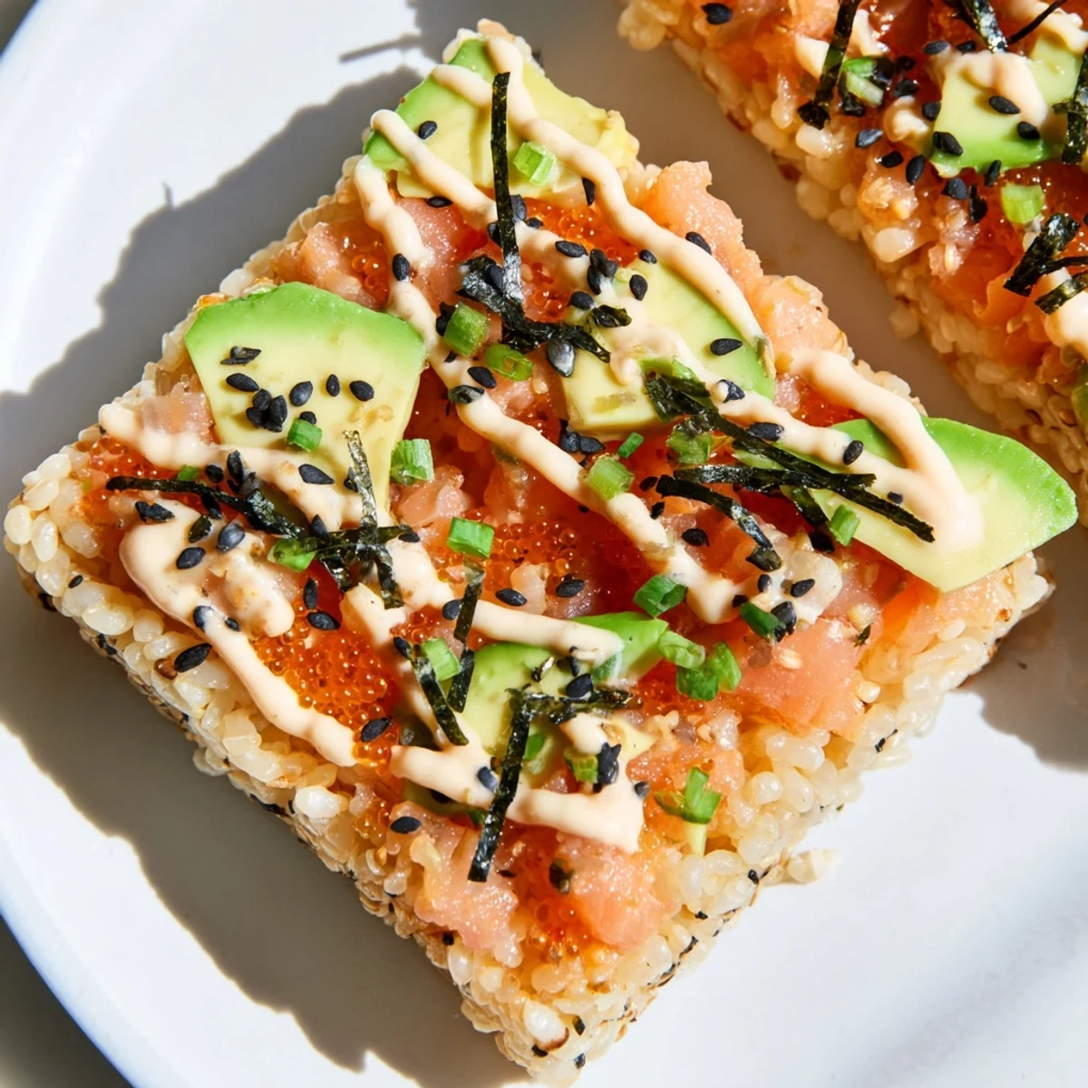 Golden, crispy rice salmon stack topped with creamy avocado and spicy mayo, delicious appetizer!