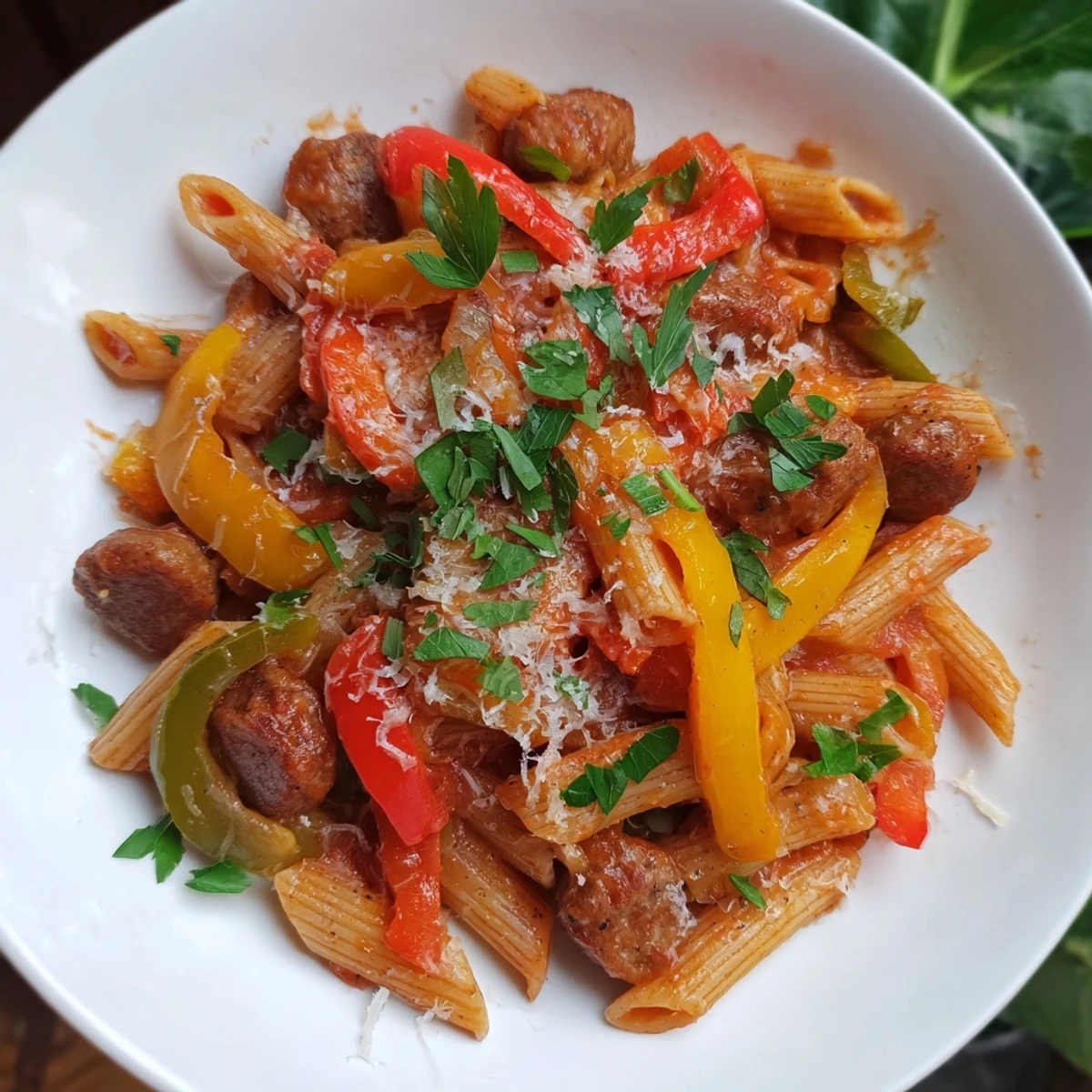 This Sausage and Peppers Pasta shows tender sausage mixed into a rich tomato sauce, ready for eating.