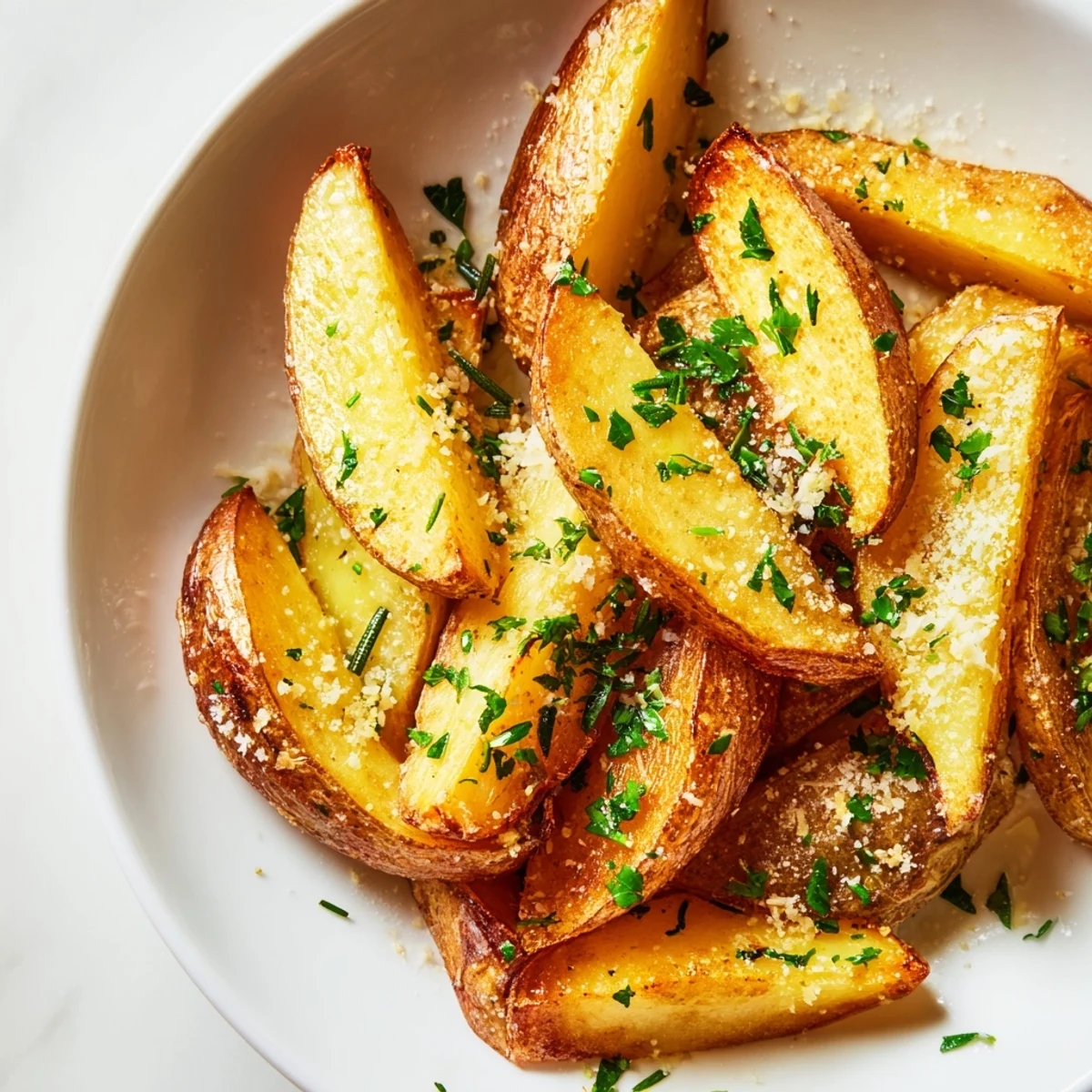 Golden, crispy Rosemary Parmesan Potato Wedges sprinkled with fresh Parmesan and parsley, a delicious side.