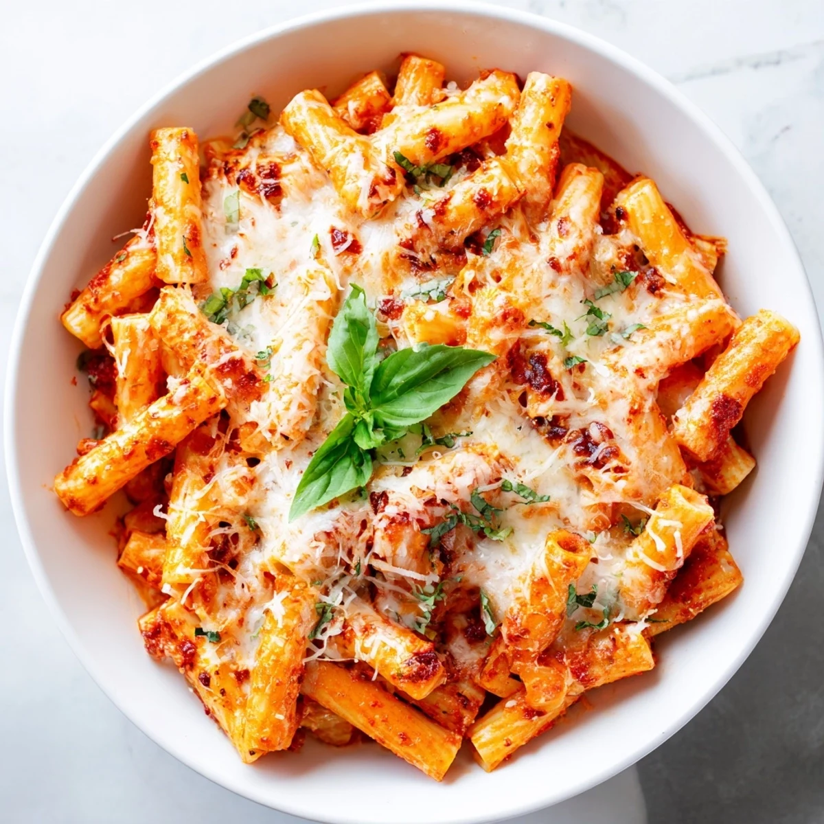 Golden, bubbly Baked Penne Arrabbiata, a comforting pasta bake with melted cheese and spicy sauce.