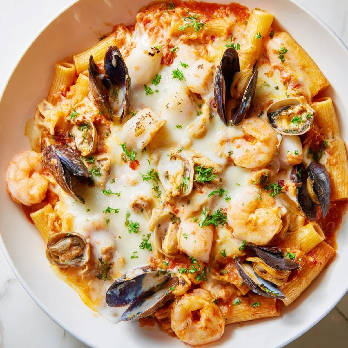 Golden brown Seafood Pasta Bake bubbling from the oven, a delicious Italian comfort food.