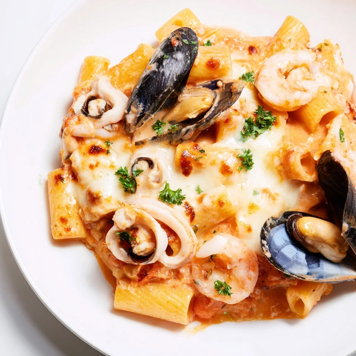 A close-up of cheesy Seafood Pasta Bake, showing shrimp, mussels, and penne in creamy tomato sauce.